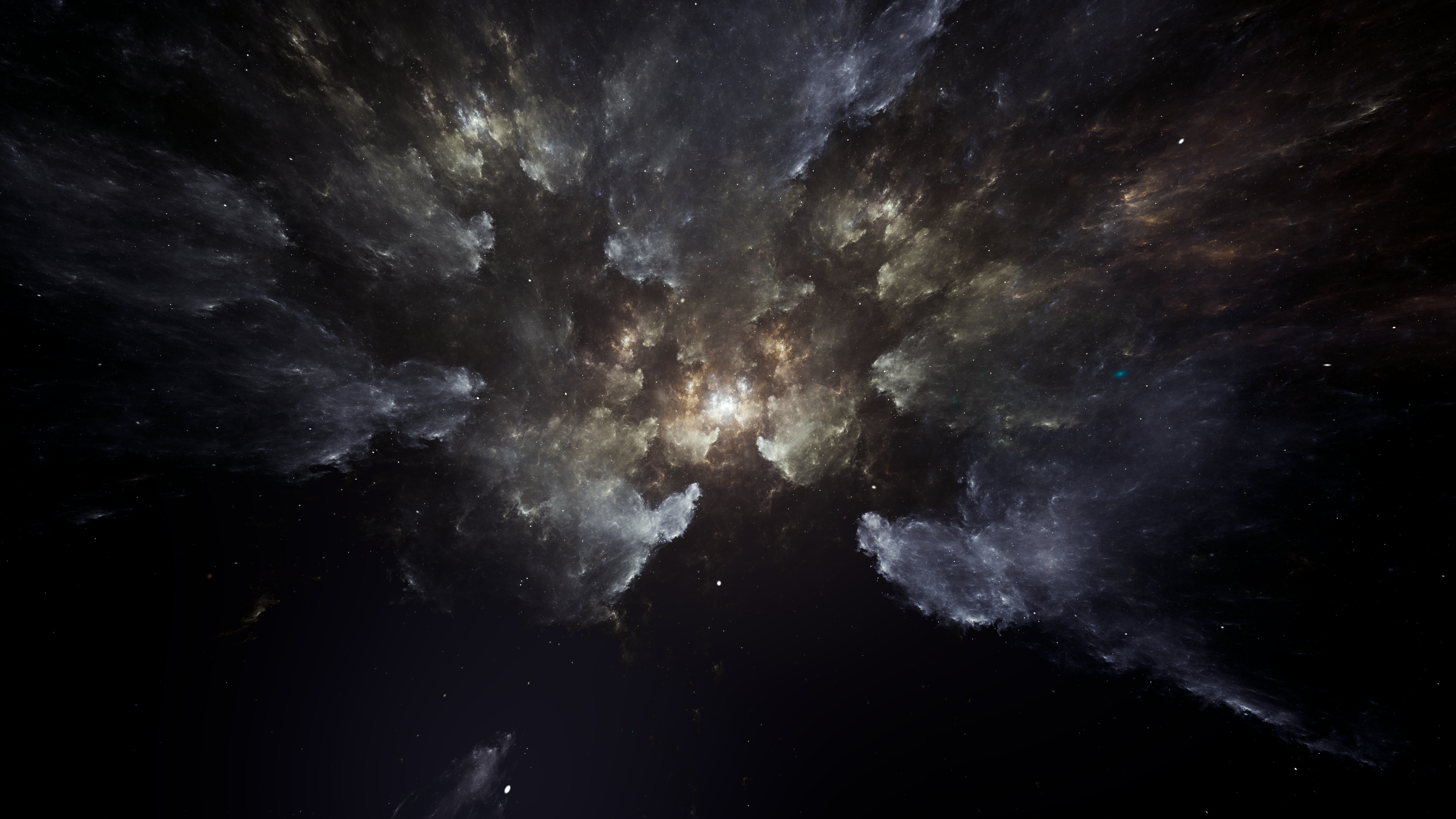 A cosmic scene with swirling nebula clouds against a dark space backdrop.