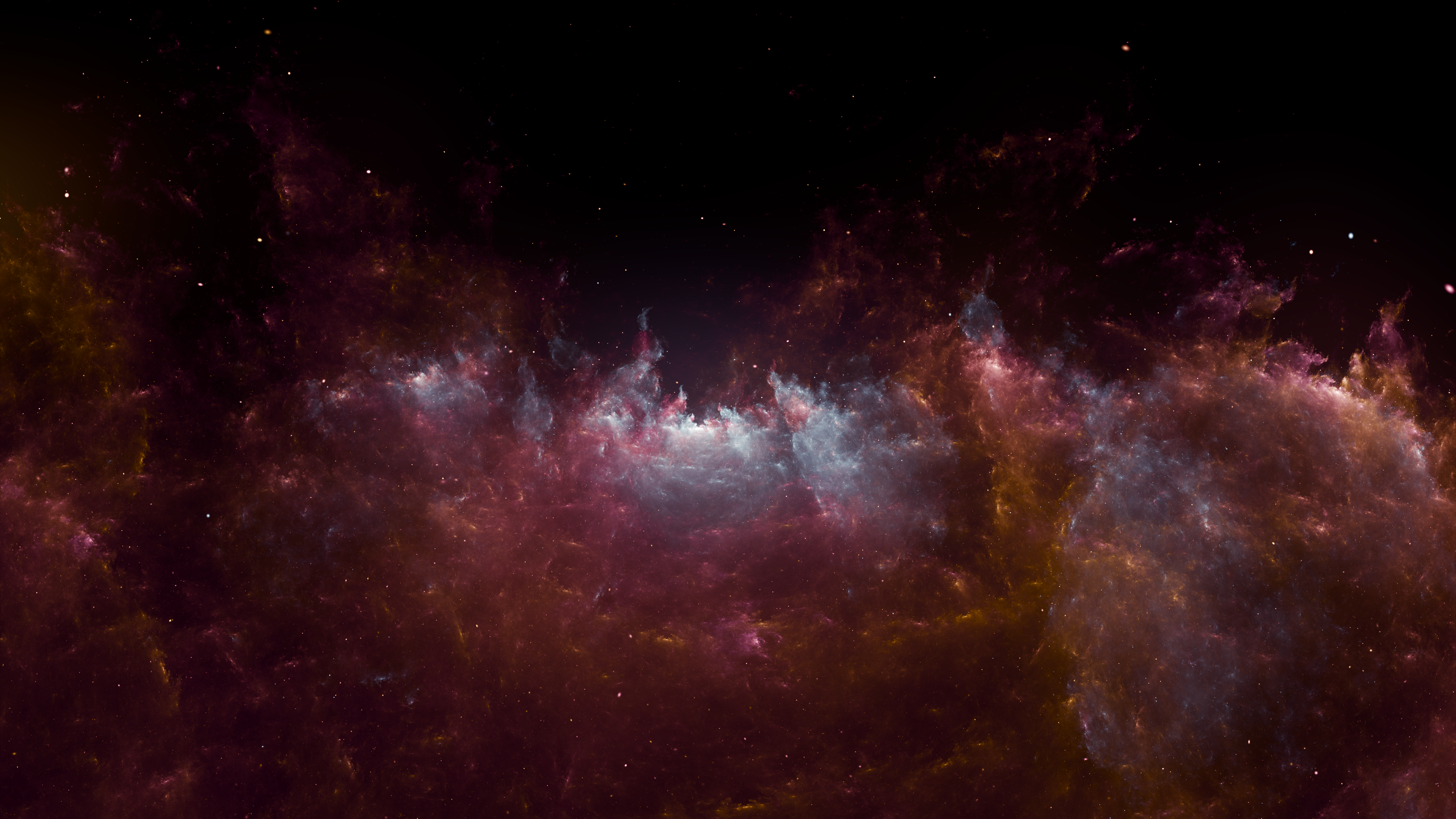 A vibrant nebula with swirling clouds of pink, blue, and purple gases set against a starry black background.