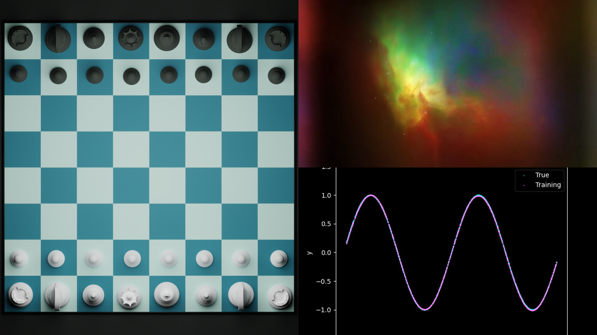 Collage of projects: a chessboard artwork from a 
                C++ Chess Engine, a GAN-generated nebula image, and a neural network approximating a sine function